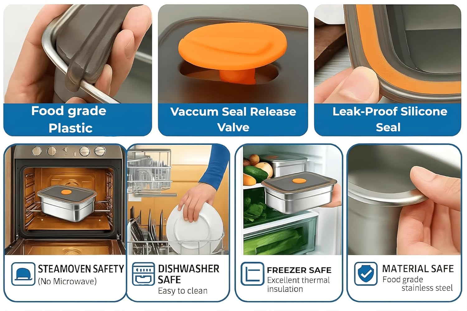 BERRIVO 3Pcs (1500 ML) Premium Stainless Steel Containers + (8Pcs) Bonus Food Packet Sealing Clips