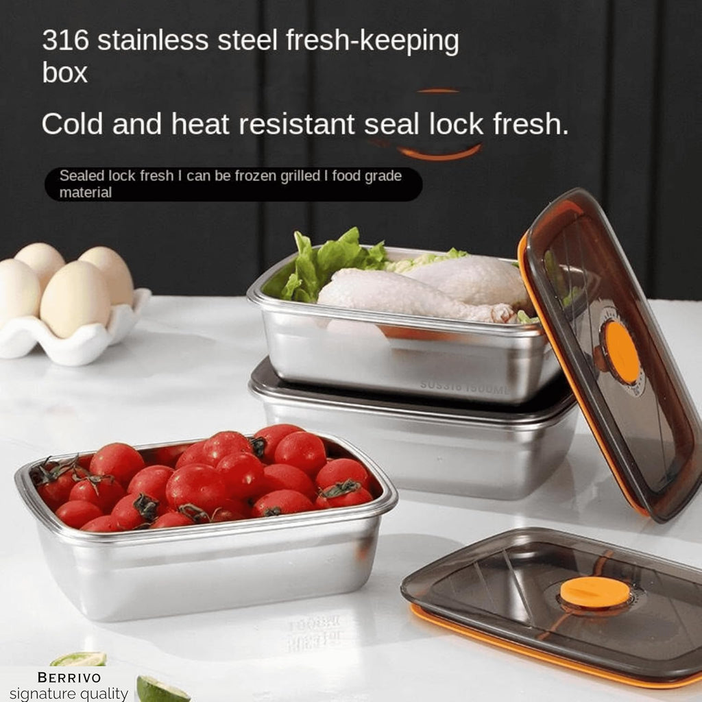 BERRIVO 3Pcs (1500 ML) Premium Stainless Steel Containers + (8Pcs) Bonus Food Packet Sealing Clips