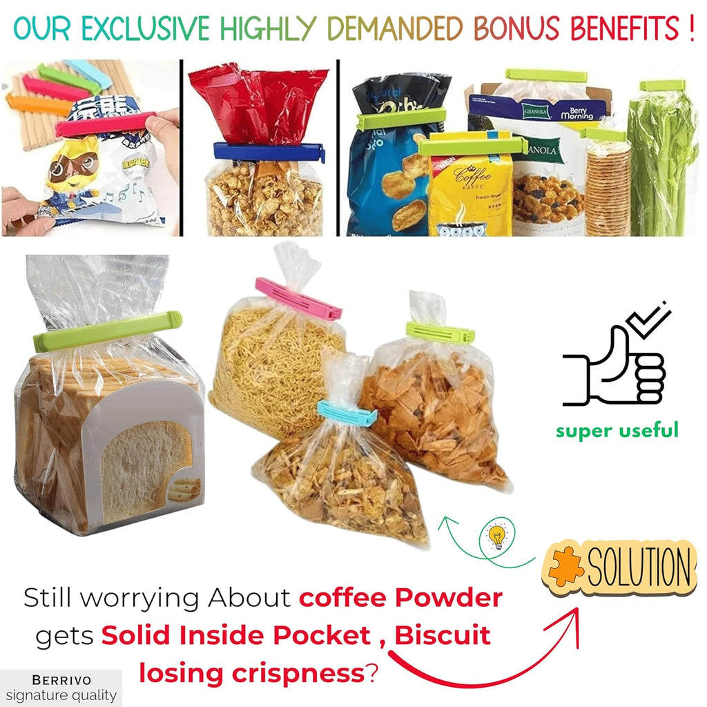 BERRIVO 3Pcs (1500 ML) Premium Stainless Steel Containers + (8Pcs) Bonus Food Packet Sealing Clips