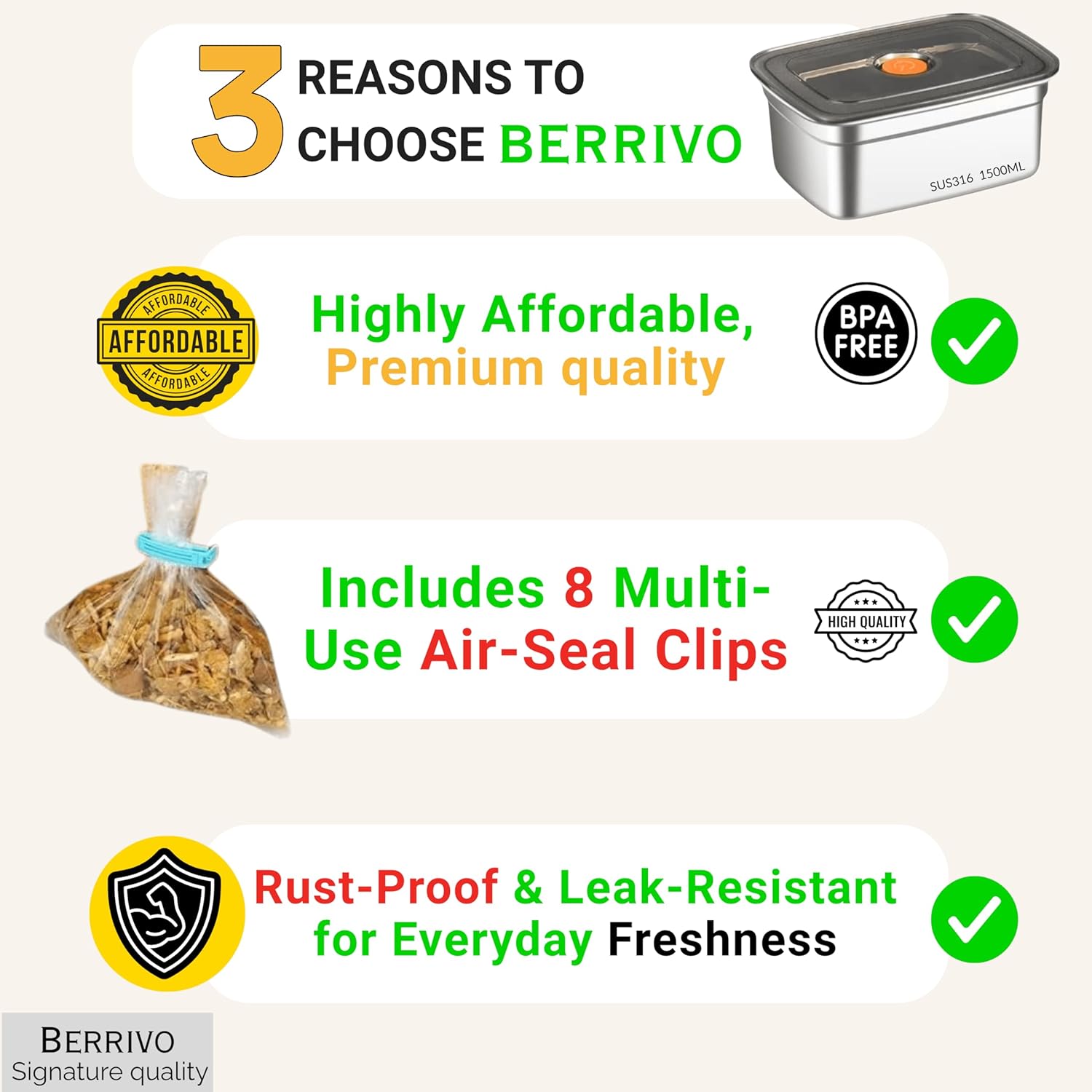 BERRIVO 3Pcs (1500 ML) Premium Stainless Steel Containers + (8Pcs) Bonus Food Packet Sealing Clips