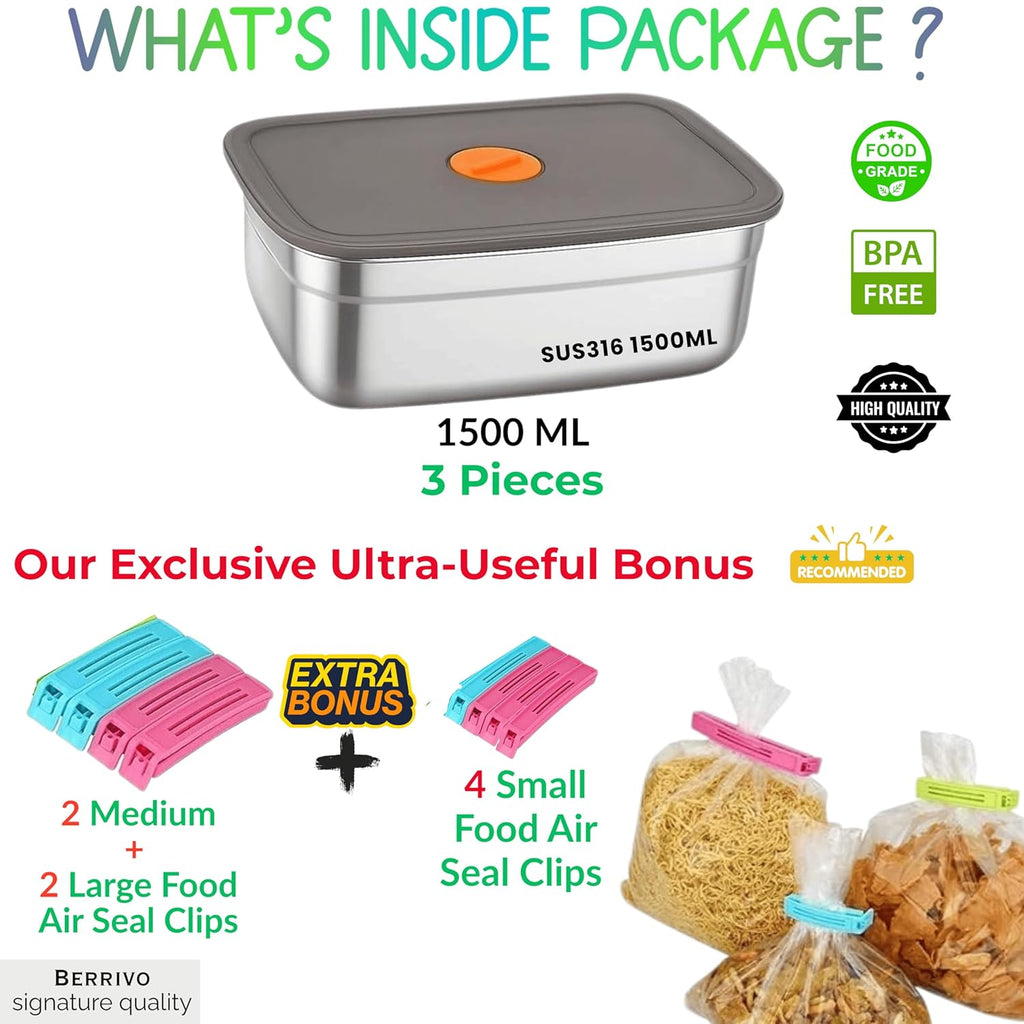 BERRIVO 3Pcs (1500 ML) Premium Stainless Steel Containers + (8Pcs) Bonus Food Packet Sealing Clips