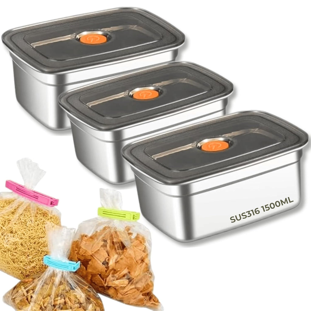 BERRIVO 3Pcs (1500 ML) Premium Stainless Steel Containers + (8Pcs) Bonus Food Packet Sealing Clips
