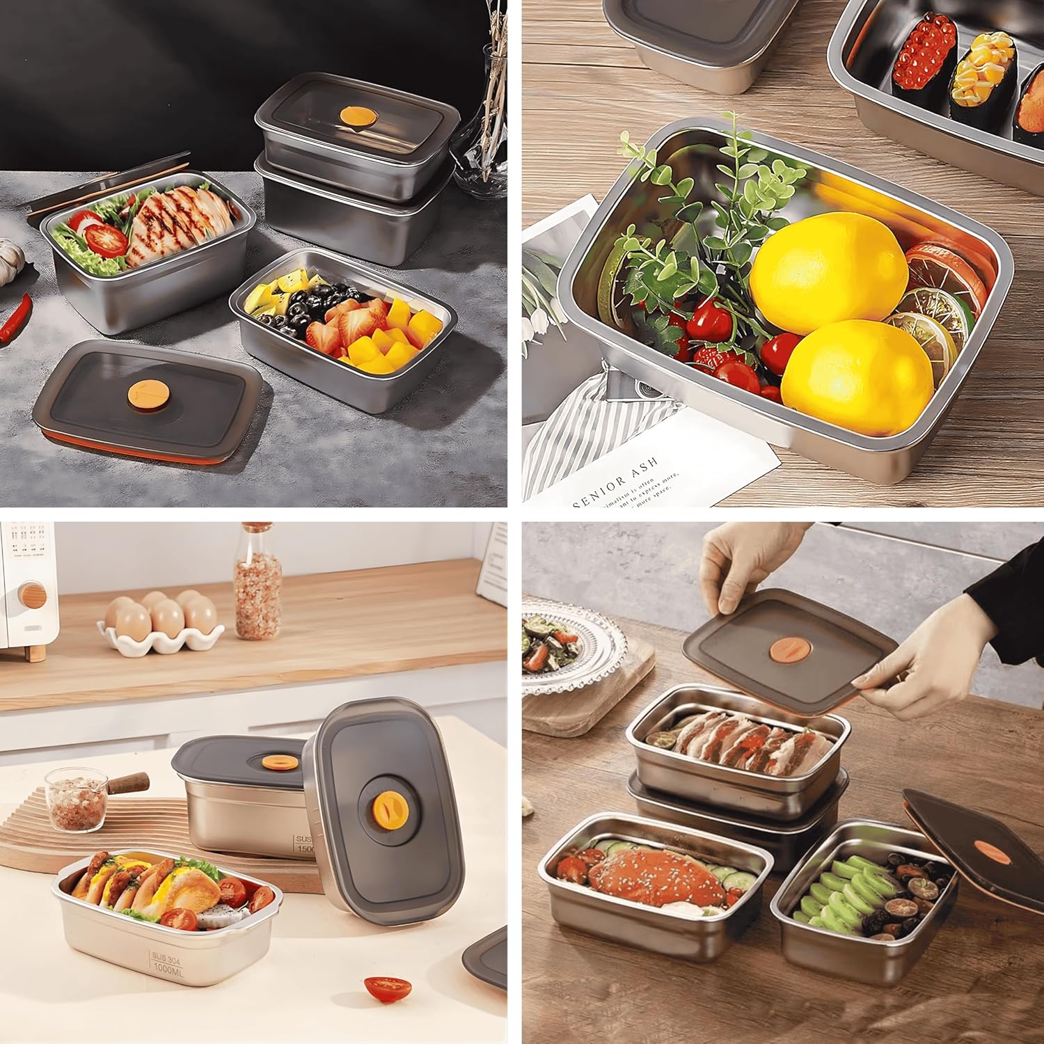 BERRIVO 3Pcs (1500 ML) Premium Stainless Steel Containers + (8Pcs) Bonus Food Packet Sealing Clips